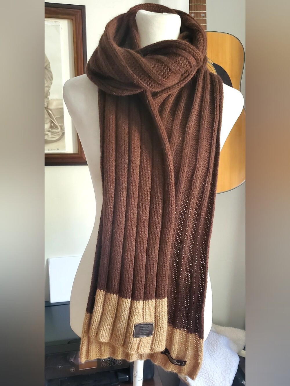 Coach Brown and Tan Ribbed Knit Scarf-Style Crewneck